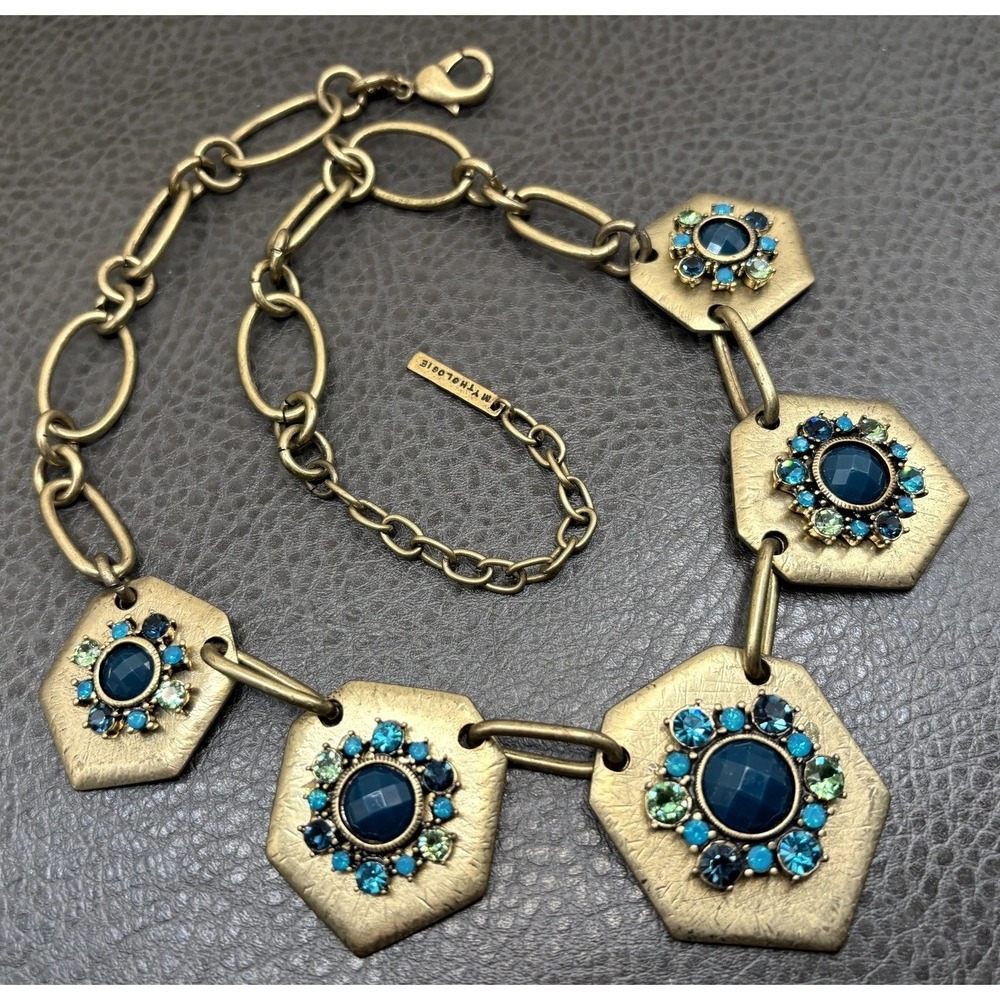Mythologie Statement Necklace Blue Crystal Rhinestone Chunky Bib Brass Tone
